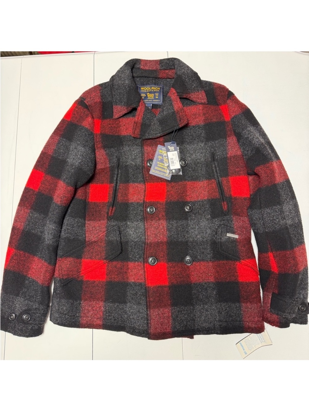 New! Woolrich John Rich luxurious Red and Black Buffalo Plaid Wool Peacoat